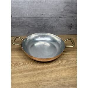 VTG French Hammered Copper Au Gratin Casserole Pan Tin Lined 10” Brass Handles